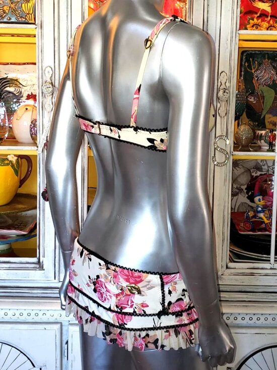 Vintage Betsey Johnson Gypsy Rose Bikini Skirted Pink Floral Lace Swimsuit Sz S - Picture 6 of 15